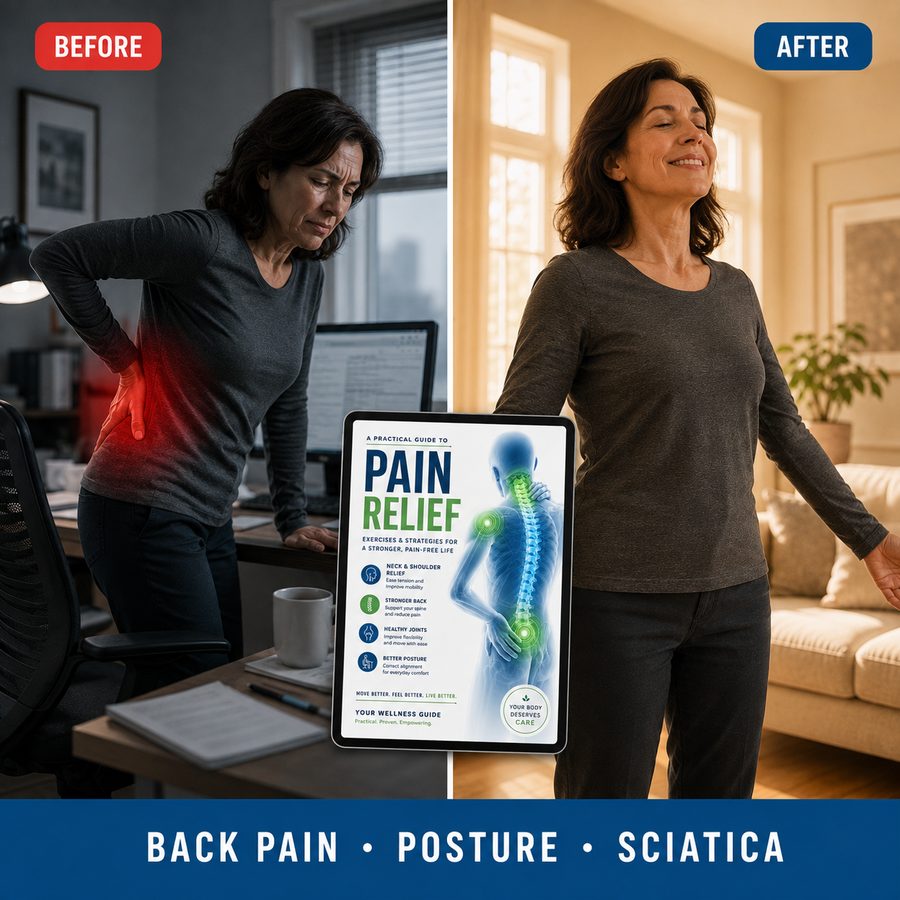 Before and after: bracing against a desk in pain, then standing and stretching comfortably at home. Back pain, posture, sciatica.