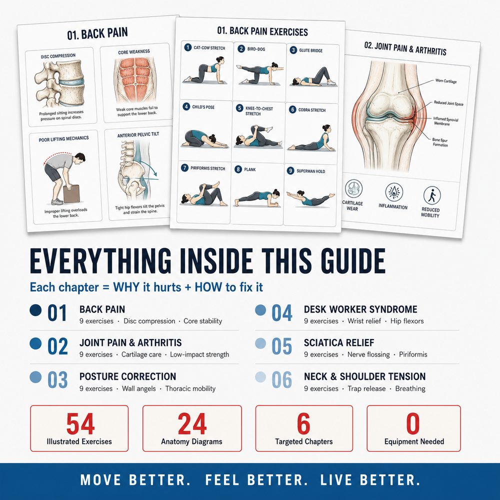 Sample pages and the full chapter breakdown: 54 exercises, 24 diagrams, 6 chapters, no equipment