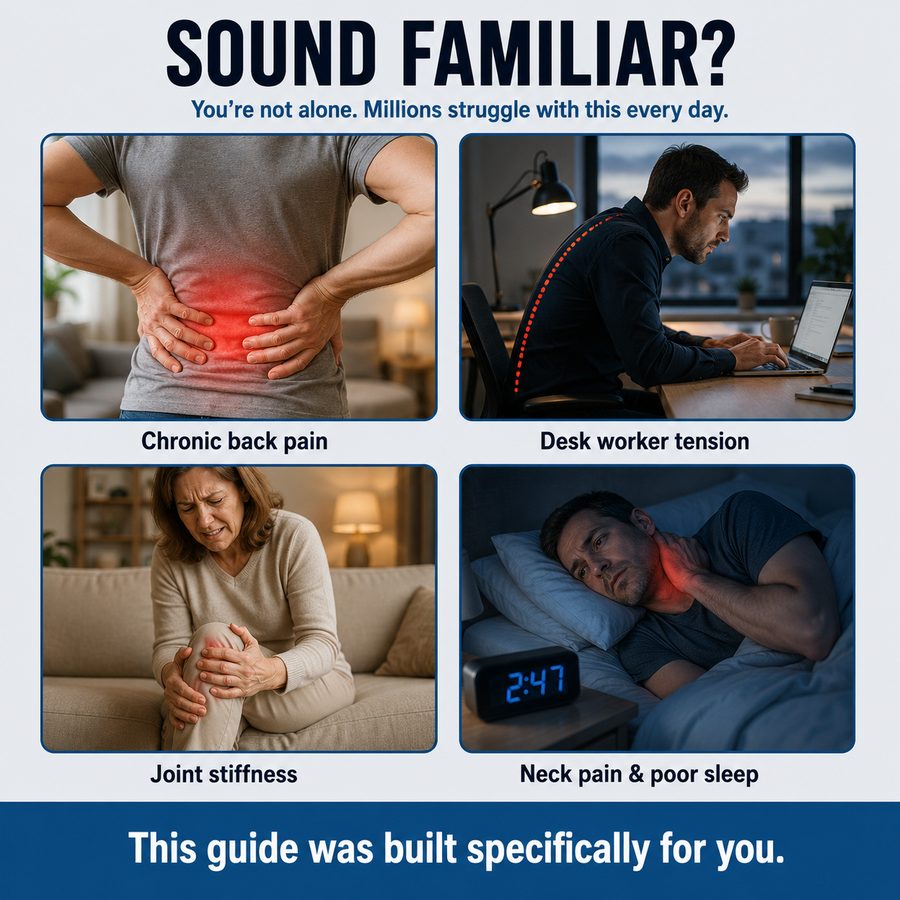 Chronic back pain, desk worker tension, joint stiffness, neck pain and poor sleep