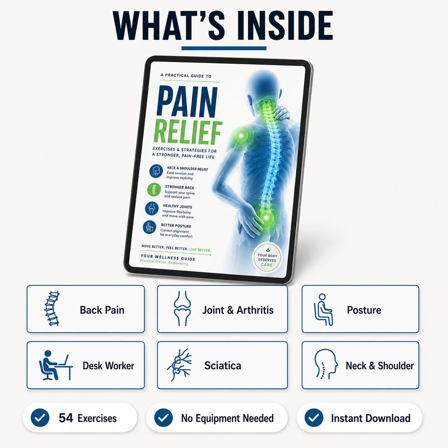 The guide's six areas: back pain, joint and arthritis, posture, desk worker, sciatica, neck and shoulder